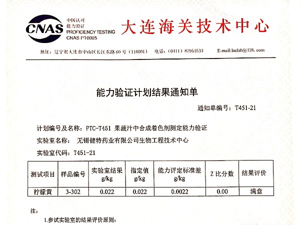 2021年度組織的PTC-451果蔬汁中合成著色劑測定能力驗證